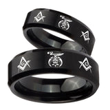 His Hers Masonic Shriners Beveled Edges Brush Black Tungsten Mens Ring Set