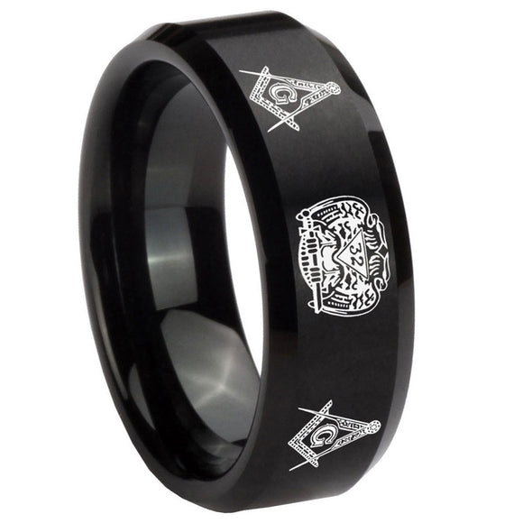 8mm Masonic 32 Design Beveled Edges Brush Black Tungsten Carbide Men's Bands Ring