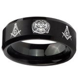 8mm Masonic 32 Design Beveled Edges Brush Black Tungsten Carbide Men's Bands Ring