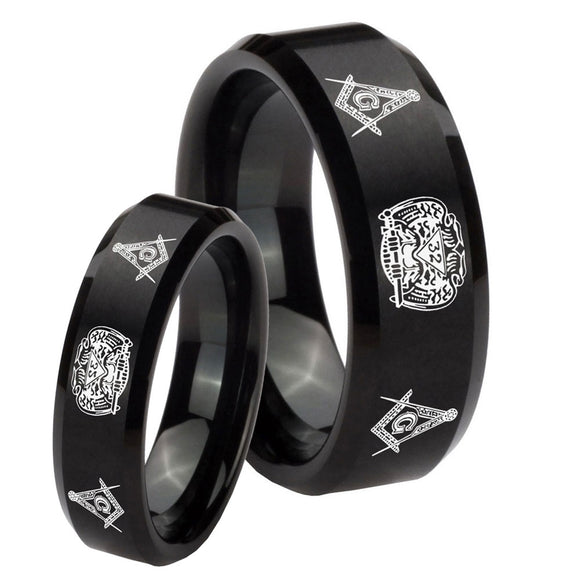 His Hers Masonic 32 Design Beveled Edges Brush Black Tungsten Personalized Ring Set