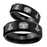 His Hers Masonic 32 Design Beveled Edges Brush Black Tungsten Personalized Ring Set