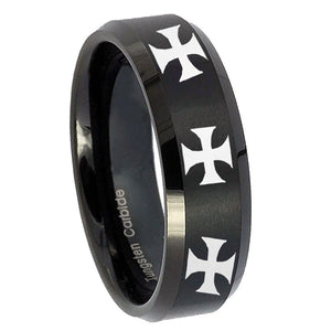 10mm Multiple Maltese Cross Beveled Brush Black Tungsten Personalized Ring