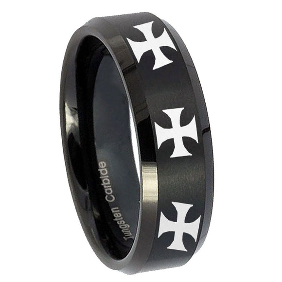 8mm Multiple Maltese Cross Beveled Brush Black Tungsten Men's Wedding Ring