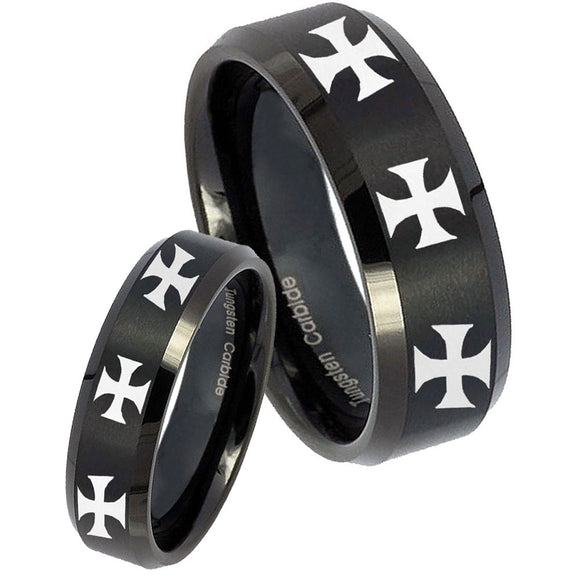 His Hers Multiple Maltese Cross Beveled Brush Black Tungsten Men's Ring Set