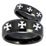 His Hers Multiple Maltese Cross Beveled Brush Black Tungsten Men's Ring Set