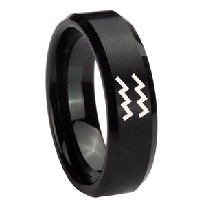 10mm Aquarius Horoscope Beveled Edges Brush Black Tungsten Mens Wedding Band