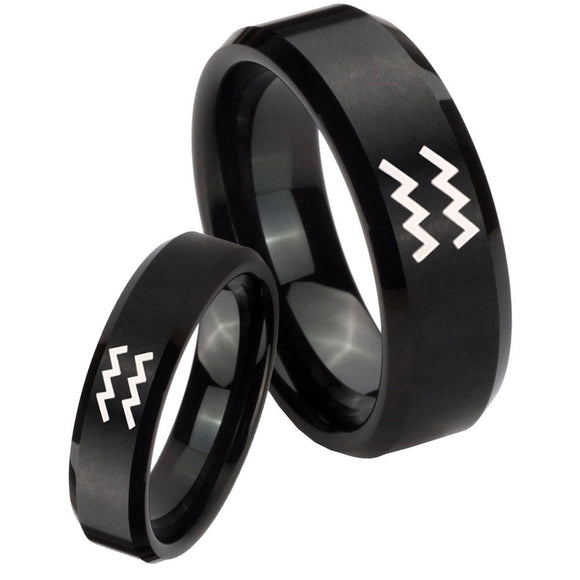 His Hers Aquarius Horoscope Beveled Brush Black Tungsten Mens Wedding Ring Set