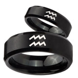 His Hers Aquarius Horoscope Beveled Brush Black Tungsten Mens Wedding Ring Set