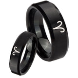 His Hers Aries Zodiac Beveled Edges Brush Black Tungsten Men's Wedding Ring Set