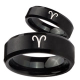 His Hers Aries Zodiac Beveled Edges Brush Black Tungsten Men's Wedding Ring Set