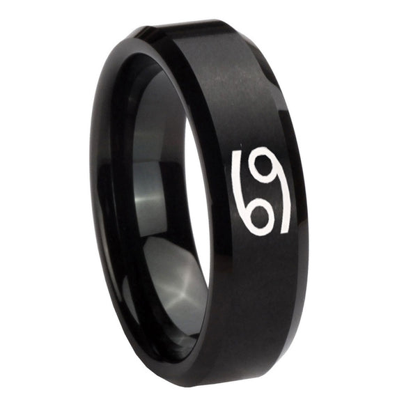 10mm Cancer Horoscope Beveled Edges Brush Black Tungsten Mens Wedding Ring
