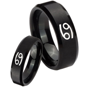 His Hers Cancer Horoscope Beveled Edges Brush Black Tungsten Ring Set