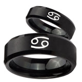 His Hers Cancer Horoscope Beveled Edges Brush Black Tungsten Ring Set