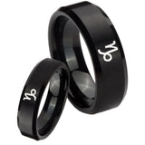 His Hers Capricorn Zodiac Beveled Edges Brush Black Tungsten Promise Ring Set