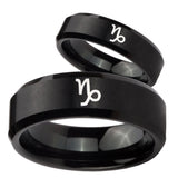 His Hers Capricorn Zodiac Beveled Edges Brush Black Tungsten Promise Ring Set