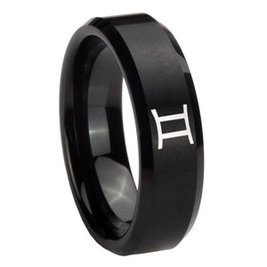 8mm Gemini Zodiac Beveled Edges Brush Black Tungsten Carbide Men's Wedding Ring