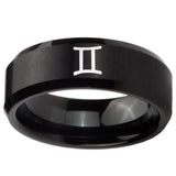 8mm Gemini Zodiac Beveled Edges Brush Black Tungsten Carbide Men's Wedding Ring