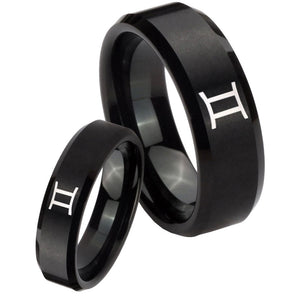 His Hers Gemini Zodiac Beveled Edges Brush Black Tungsten Rings for Men Set