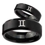 His Hers Gemini Zodiac Beveled Edges Brush Black Tungsten Rings for Men Set