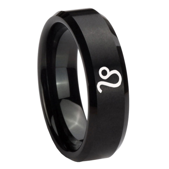 8mm Leo Zodiac Beveled Edges Brush Black Tungsten Carbide Personalized Ring