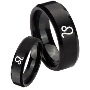 His Hers Leo Zodiac Beveled Edges Brush Black Tungsten Wedding Band Mens Set