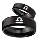 His Hers Libra Horoscope Beveled Edges Brush Black Tungsten Rings Set