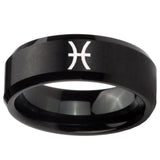 10mm Pisces Zodiac Beveled Edges Brush Black Tungsten Carbide Wedding Band Mens