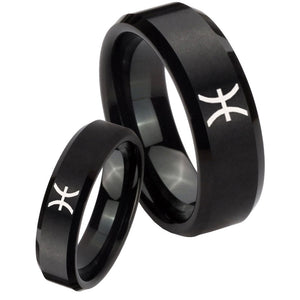 His Hers Pisces Zodiac Beveled Edges Brush Black Tungsten Wedding Bands Ring Set