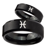 His Hers Pisces Zodiac Beveled Edges Brush Black Tungsten Wedding Bands Ring Set