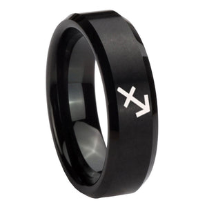 8mm Sagittarius Zodiac Beveled Edges Brush Black Tungsten Wedding Band Mens