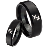 His Hers Sagittarius Zodiac Beveled Brush Black Tungsten Wedding Ring Set