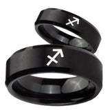 His Hers Sagittarius Zodiac Beveled Brush Black Tungsten Wedding Ring Set