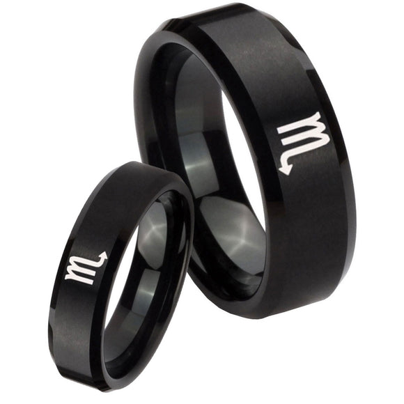 His Hers Scorpio Horoscope Beveled Brush Black Tungsten Engraving Ring Set