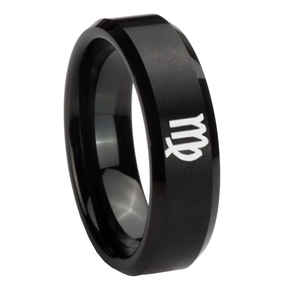 8mm Virgo Zodiac Beveled Edges Brush Black Tungsten Wedding Engagement Ring