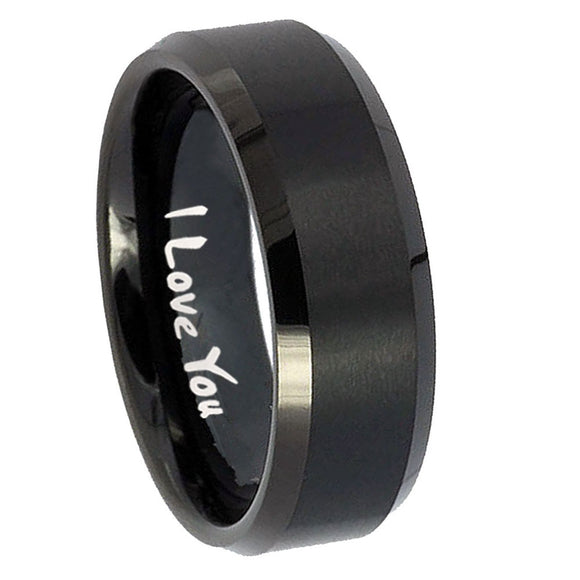 8mm I Love You Beveled Edges Brush Black Tungsten Carbide Personalized Ring