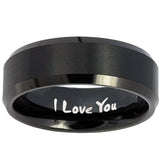 8mm I Love You Beveled Edges Brush Black Tungsten Carbide Personalized Ring