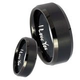 His Hers I Love You Beveled Edges Brush Black Tungsten Men's Band Ring Set