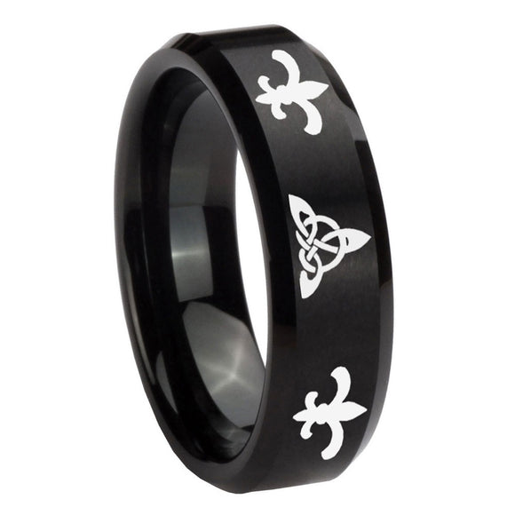 8mm Celtic Triangle Fleur De Lis Beveled Brush Black Tungsten Promise Ring