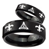 His Hers Celtic Triangle Fleur De Lis Beveled Brush Black Tungsten Mens Bands Ring Set
