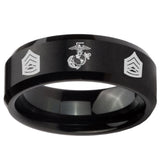 8mm Marine Army Sergeant Beveled Edges Brush Black Tungsten Men's Engagement Ring