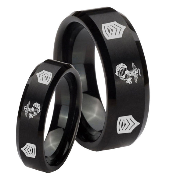 His Hers Marine Army Sergeant Beveled Edges Brush Black Tungsten Wedding Band Ring Set