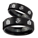 His Hers Marine Army Sergeant Beveled Edges Brush Black Tungsten Wedding Band Ring Set