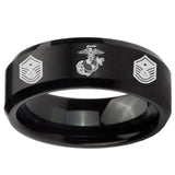 8mm Marine Chief Master Sergeant  Beveled Edges Brush Black Tungsten Mens Promise Ring