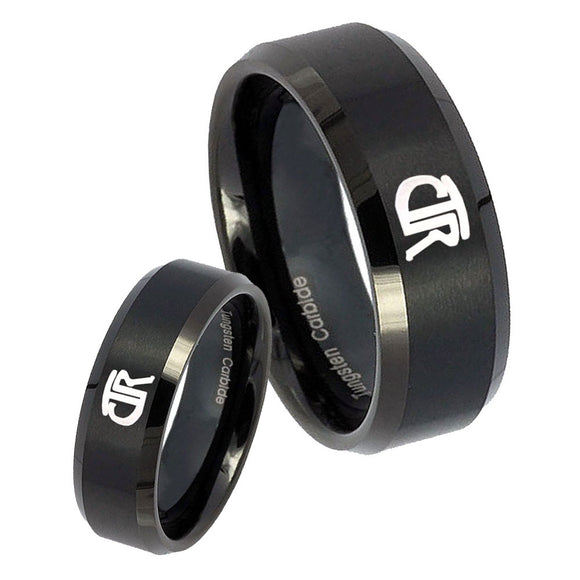His and Hers CTR Beveled Edges Brush Black Tungsten Men's Bands Ring Set