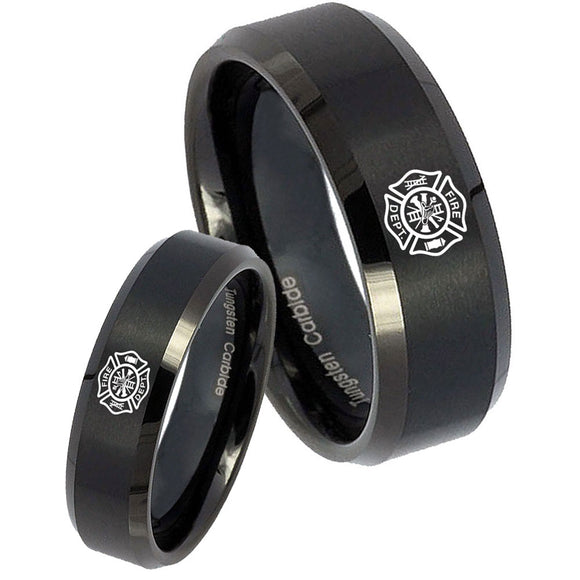 His Hers Fire Department Beveled Brush Black Tungsten Mens Engagement Band Set