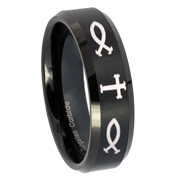 8mm Fish & Cross Beveled Edges Brush Black Tungsten Wedding Engagement Ring