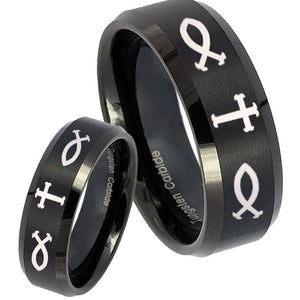 His Hers Fish & Cross Beveled Edges Brush Black Tungsten Men's Ring Set