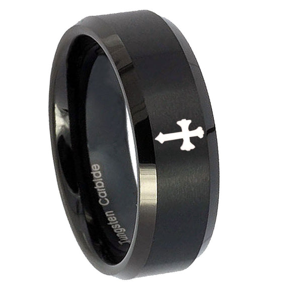 10mm Flat Christian Cross Beveled Edges Brush Black Tungsten Anniversary Ring