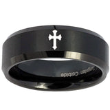 10mm Flat Christian Cross Beveled Edges Brush Black Tungsten Anniversary Ring