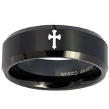 8mm Flat Christian Cross Beveled Brush Black Tungsten Wedding Engraving Ring